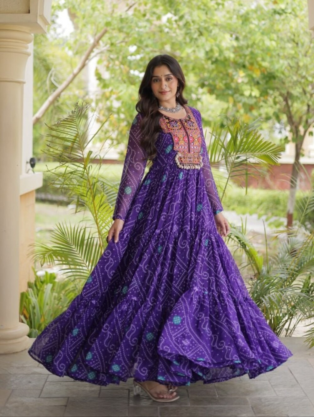 Purple Bandhani Anarkali Dress, Indian Ethnic Gown Navratri Garba Dress Dandiya